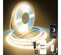 FUIQI COB LED Strip Light 10M,24V Dimmable Dotless LED Strip with App and Remote dimmable,Warm White 3000K,8mm Wide,CRI>90,cutable Strip Lights with Power Supply for Bedroom,Kitchen,cabinets