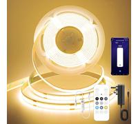 FUIQI COB LED Strip Light 5M,24V Dimmable Dotless LED Strip with App and Remote dimmable,Warm White 2700K,8mm Wide,CRI>90,cutable Strip Lights with Power Supply for Bedroom,Kitchen,cabinets
