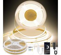 FUIQI Dotless COB LED Strip15M,24V Dimmable Flexible LED Light Strip with App & Remote,Warm White 3000K,CRI>90,8mm Cuttable Self-Adhesive COB Tape for Kitchen,Bedroom,Mirrors Decoration