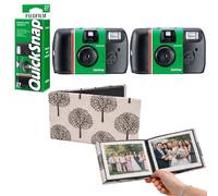 Fujifilm Quicksnap 27 Exposure Disposable Camera With Flash 400 ISO Speed Film Bundle - Includes 2 x Single Use Cameras, Complete With Premium Fabric Soft Woodland 36 Slot Photo Album Ready To Use
