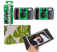 Fujifilm Quicksnap 27 Exposure Disposable Camera With Flash 400 ISO Speed Film Bundle - Includes 2 x Single Use Cameras, Complete With A Stylish Palm Fabric 36 Slot Photo Album Ready To Use
