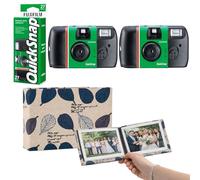 Fujifilm Quicksnap 27 Exposure Disposable Camera With Flash 400 ISO Speed Film Bundle - Includes 2 x Single Use Cameras, Complete With Premium Fabric Leaf Dreams 36 Slot Photo Album Ready To Use
