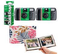 Fujifilm Quicksnap 27 Exposure Disposable Camera With Flash 400 ISO Speed Film Bundle - Includes 2 x Single Use Cameras, Complete With Premium Fabric Soft Tropical 36 Slot Photo Album Ready To Use