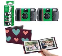 Fujifilm Quicksnap 27 Exposure Disposable Camera With Flash 400 ISO Speed Film Bundle - Includes 2 x Single Use Cameras, Complete With Premium Fabric Purple Heart 36 Slot Photo Album Ready To Use