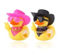 Fukaisu 2pcs Novelty Rubber Ducks, Cool Rubber Ducky with Sunglasses, Necklace, Cowboy Hat, Scarf Cute Car Decoration Accessory for Lovers Friends Family