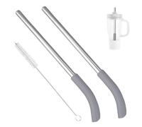 Fukaisu 2pcs Replacement Straws for Ninja BlendBOSS Travel Tumbler, Reusable Stainless Steel Silicone Smoothie Blender Tumbler Straw with Brush for Home Traveling Commuting, BPA Free (Gray)
