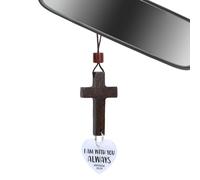 Fukaisu Cross & Heart Car Hanging Ornament, I Am With You Always Wooden Christian Car Rear View Mirror Hanger Catholic Charm Accessories with NFC Tags for Protection & Inspiration