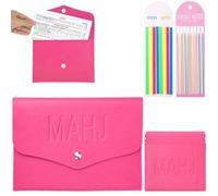 Fukaisu Mahjong Card Holder Set with Dice Pouch & 320 Pcs Line Finder Tape, Magnetic PU Leather Mahjong Accessories Organizer Case for Mahjong Rule Cards, Travel Game Night Gift (Hot Pink)