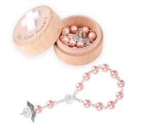 Fukaisu My First Rosary Baptism Gifts, Baptism Keepsake Box & Rosary Bracelet with Angel Wings Catholic First Communion Christening Beads Gifting Set for Baby Shower (Pink)