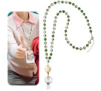 Fukaisu Retractable Lanyard for ID Badges, Cute Green Beaded Retractable Lanyard with ID Holder Beaded Neck Chains Suitable for Teachers Nurses Doctors Cruise Ships Daily Wear