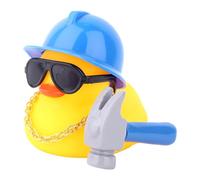 Fukaisu Small Duck for Dashboard Decorations, PVC Cool Rubber Construction Worker Duck with Safety Helmet Hammer Necklace Sunglasses Glue Points for Car Landscape Decoration