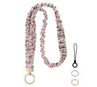 Fukaisu Stretchy Scrunchie Lanyard, Cute Elastic Neck Lanyard with 2 Rings & Phone Strap for Nurse Women Teacher Retractable Keychain Holder for ID Badge Gift Decorations Accessories (Floral Pink)