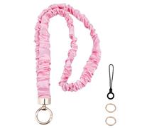 Fukaisu Stretchy Scrunchie Lanyard, Cute Neck Scrunchy Lanyards with 2 Rings and 1 Mobile Phone Strap for ID Badges Keys Bungee Elastic Breakaway Keychain Holder for Women Teacher (Pink)