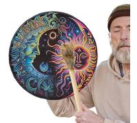 Fukamou Native Drum - PU Leather Hand Shamanic Drum | Authentic Sound Tool for Spiritual Music, Round Vintage Shaman Supplies with Wood Gavel for Home
