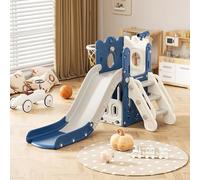 FUKEA 4-in-1 Kids Slide, Toddler Castle Slide Climbing Frame with Storage Box Basketball Hoop, Garden Slide Playground for Toddlers age 1-3 Birthday Gift(Blue)