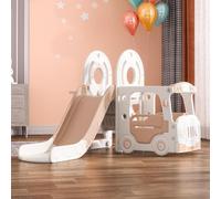 FUKEA Kids Bus Slide, Large Children Slide with Climbing Frame Basketball Hoop for Toddlers Age 1-3, Baby Freestanding Slides Indoor Outdoor Use, Garden Slides(Beige Coffee)