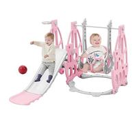FUKEA Kids Slide, 4-in-1 Toddler Slide and Swing Set with Basketball Hoop Garden Climbing Frames, Slide for Toddlers Age 1-3 Indoor & Outdoor, Garden Slides for Kids(baby Pink)