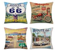 Fukeen Set of 4 Cotton Linen Throw Pillow Covers Vintage American California Route 66 Signs Board Pillow Cases with Motorcycle Car Map Office Home Decorative Cushion Cover 18"x18" (Mother Road)