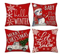 Fukeen Winter Christmas Pillow Covers 24x24 Inch Silver Truck Snowflake with Red Farm Xmas Tree Snowman Baby It’s Cold Outside Let it Snow Throw Pillow Cases New Year Decor Set of 4 Cushion Cover