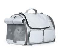 FUKUMARU Cat Carrier, Soft-Sided Small Dog Carrier, Large Cat Travel Bag with 4 Mesh Windows, Airline Approved Pet Carrier with 4 Storage Pockets, Rollable Cover for Nervous Pets, Grey