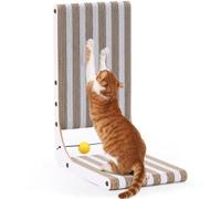 FUKUMARU Cat Scratcher, 48cm L Shape Cat Scratch Pad, Strip Pattern Cats Scratching Post Wall Mounted, Cardboard Cats Scratcher with Ball Toy for Indoor Kitty, Fun Playing Box Included, M