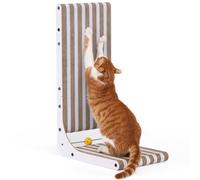 FUKUMARU Cat Scratcher, 68cm L Shape Cat Scratch Pad, Strip Pattern Cats Scratching Post Wall Mounted, Cardboard Cats Scratcher with Ball Toy for Indoor Kitty, Fun Playing Box Included, L