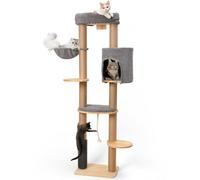FUKUMARU Cat Tree Scratching Post for Adult Cats, XXL Scratching Post, 188 cm Tall Solid Wood Cat Scratching Tower, with Brush, Perch, Hammock, Kennel and Jute Mat