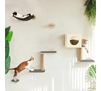 FUKUMARU Cat Wall Shelves, 5-Piece Stable Wooden Wall-Mounted Furniture Set, Kitty Climber with Hammock, House, Steps, Scratching Post, Gray