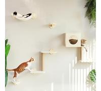 FUKUMARU Cat Wall Shelves, 5-Piece Stable Wooden Wall-Mounted Furniture Set, Kitty Climber with Hammock, House, Steps, Scratching Post, Beige