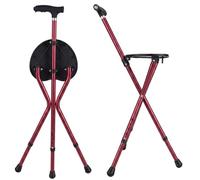 Fukursul 440 lbs Capacity Folding Cane with Light & Seat, Adjustable Height Walking Stick for Seniors, Heavy Duty Alloy Crutch Chair with Magnetic Therapy Stone for Enhanced Comfort (Red, 1)