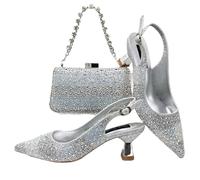 FULBHPRINT Italian Design Satin Pumps and Matching Clutch Bag Rhinestone Embellished Pointed Toe Heels Set for Women