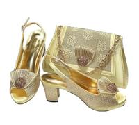FULBHPRINT Italian Design Wedding Shoes Bag Set Girly Gold Glitter Pumps with Diamond Accents, Metal Clasp Purse