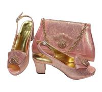 FULBHPRINT Italian Design Wedding Shoes Bag Set Girly Gold Glitter Pumps with Diamond Accents, Metal Clasp Purse