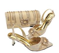 FULBHPRINT Italian Design Women's Heels and Bag Set Elegant Brown Color Block Design Rhinestone Party Shoes Clutch