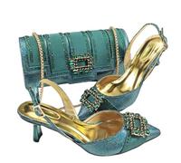 FULBHPRINT Italian Design Women's Heels and Bag Set Elegant Brown Color Block Design Rhinestone Party Shoes Clutch