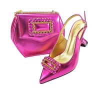 FULBHPRINT Nigerian Wedding Heels Bag Set Women's Italian Style Pointed Toe Sandals with Matching Clutch for Bridal Party Fuchsia