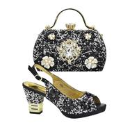 FULBHPRINT Women's Italian Luxury Wedding Heels Shoes Rhinestone Bag Set Plus Size Bridal Pumps with Matching Clutch Black