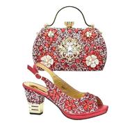 FULBHPRINT Women's Italian Luxury Wedding Heels Shoes Rhinestone Bag Set Plus Size Bridal Pumps with Matching Clutch Red