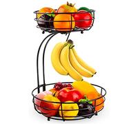 Fuleadture 2-Tier Fruit Basket, with Banana Hanger Stand, Kitchen Countertop Fruit Vegetables Rack Bowl Metal Storage Holder for Storing & Organizing Fruit Vegetables Eggs Breads (Black)