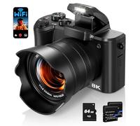 Fulealfly 8K Digital Camera for Photography and Vlogging, 88MP Autofocus WiFi, Front and Rear Lenses, Flash, Touch Screen, Lens Hood, 64GB Card, 2 Batteries (Black)