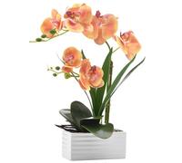 FuleHouzz Artificial Real Touch Orchid Flowers in Pot Fake Phalaenopsis Flower with White Ceramic Vase Faux Orchids Arrangement for Home Table Office Wedding Party Decoration (Orange)