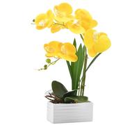 FuleHouzz Artificial Real Touch Orchid Flowers in Pot Fake Phalaenopsis Flower with White Ceramic Vase Faux Orchids Arrangement for Home Table Office Wedding Party Decoration (Yellow)