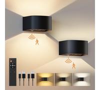 FULEN Motion Sensor Wall Light with Remote Control 3 Colors Wireless Wall Lamp LED Indoor Up and Down Wall Sconce 5000mAh Rechargeable Battery Powered Wall Lamps Brightness Adjustable, Black 2 Pack