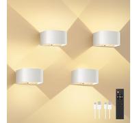 FULEN Wall Lights with Motion Sensor,Remote Control, 3 Colors,Up and Down Indoor LED Wall Sconces,On and Auto Modes, 5000mAh Rechargeable Battery Operated Wall Lamps,Brightness Adjustable White 4 Pack