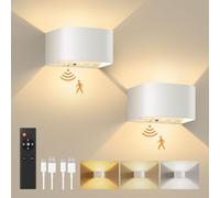 FULEN Wall Lights with Motion Sensor, Remote Control, 3 Colors,Up and Down Indoor LED Wall Sconces,On and Auto Modes,5000mAh Rechargeable Battery Operated Wall Lamps for Bedroom,Living Room,Stairs