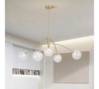 Fulesi 5 Light Modern Brass Chandelier Fixture White Clear Globe Glass Shade Pendant Light Gold Kitchen Ceiling Large Chandelier for Dining Room Kitchen Bedroom