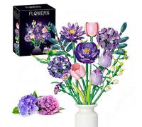 Fuleying Purple Flowers Bouquet Building Set for Adults, 624 Piece DIY Botanical Collection Bricks Kit, Artificial Rose Tulip Dahlia Floral Arrangement for Home Office Decor, Valentine's Day Gift