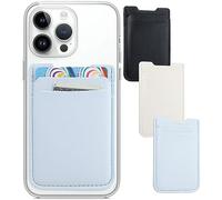 Phone Wallet Stick on,3Pack Phone Card Holder for Phone Case, Leather Credit Card Sticky Wallet Double Pocket Sticker Back of iPhone, Android, Samsung-Baby Blue,White,Black