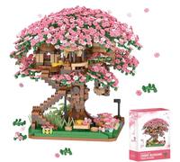 FULHOLPE Street View Cherry Bonsai Tree Bricks Model Set, 2138Pcs DIY Sakura Tree House Building Block Assembly Mini Particle Construction Toy - Not Compatible with Major Brands