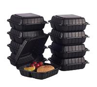 FULING 【8x8-Inch, 50 Pieces,3-Compartment】 Disposable To Go Box Containers Plastic Clamshell Takeout Food Trays, Microwave Safe, Cut Resistantstable Hinged Lid, Hybrid Polypropylene, Black